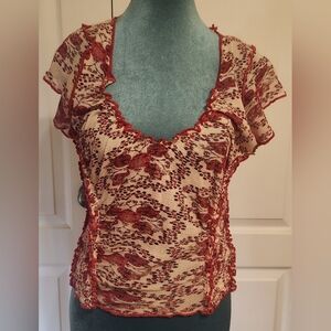 Free People Red and Cream Lace Blouse
